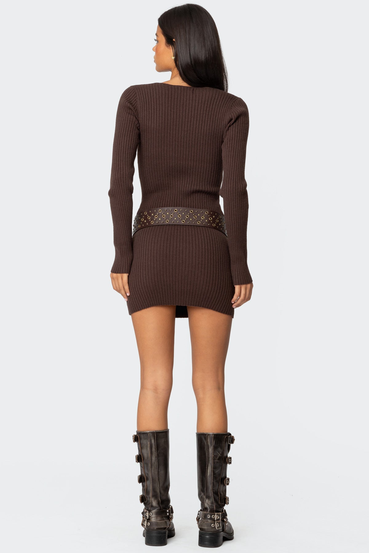 Ribbed Knit V Neck Mini Dress-Milans Time