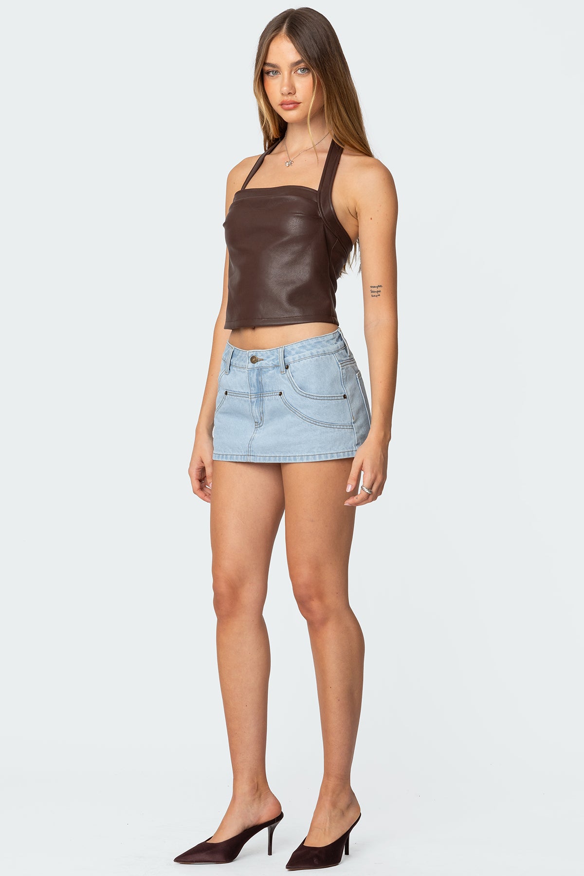 Draped Faux Leather Halter Top-Milans Time