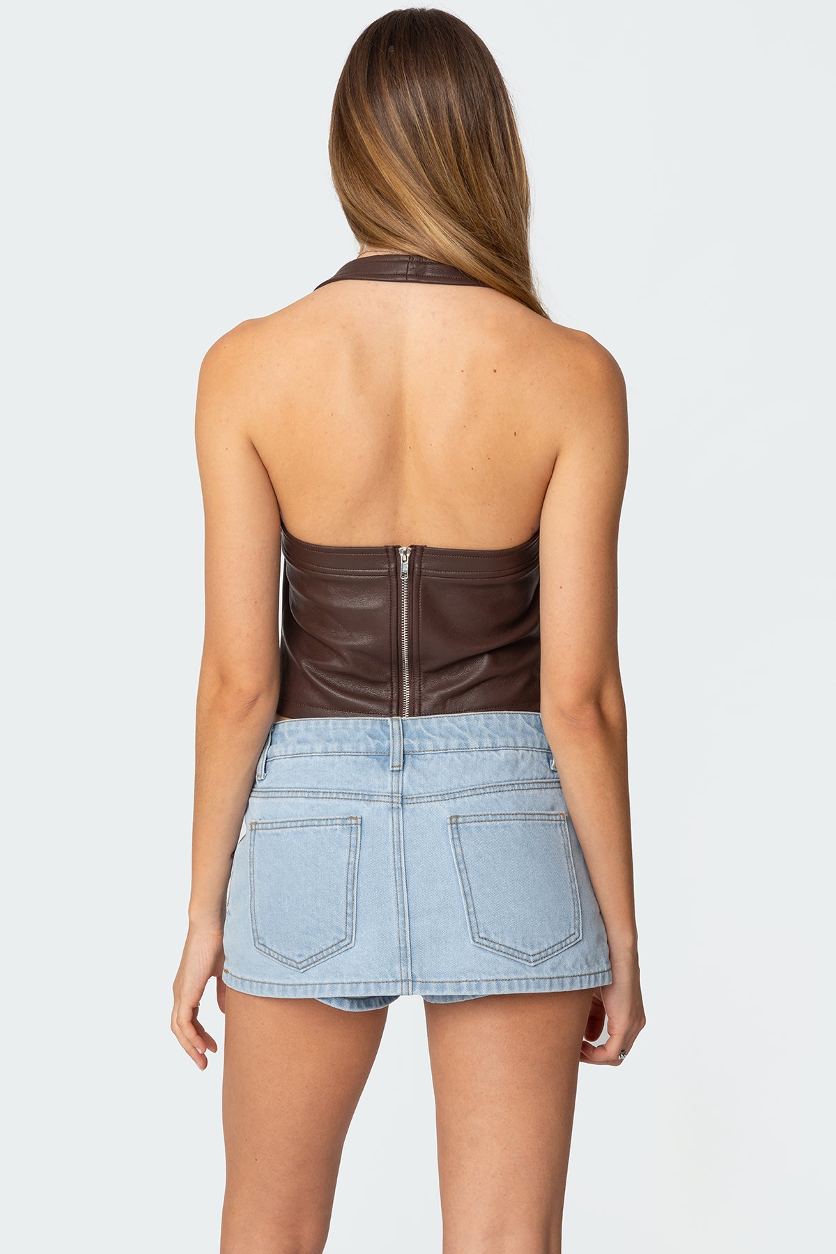Draped Faux Leather Halter Top-Milans Time