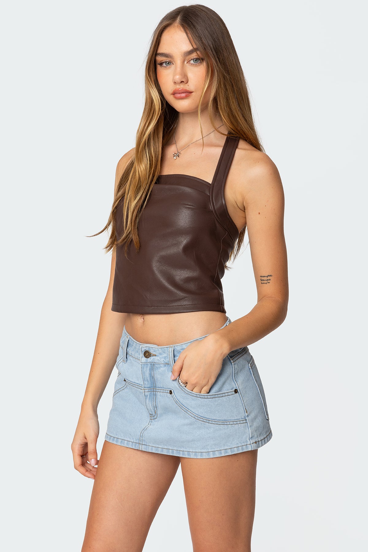 Draped Faux Leather Halter Top-Milans Time