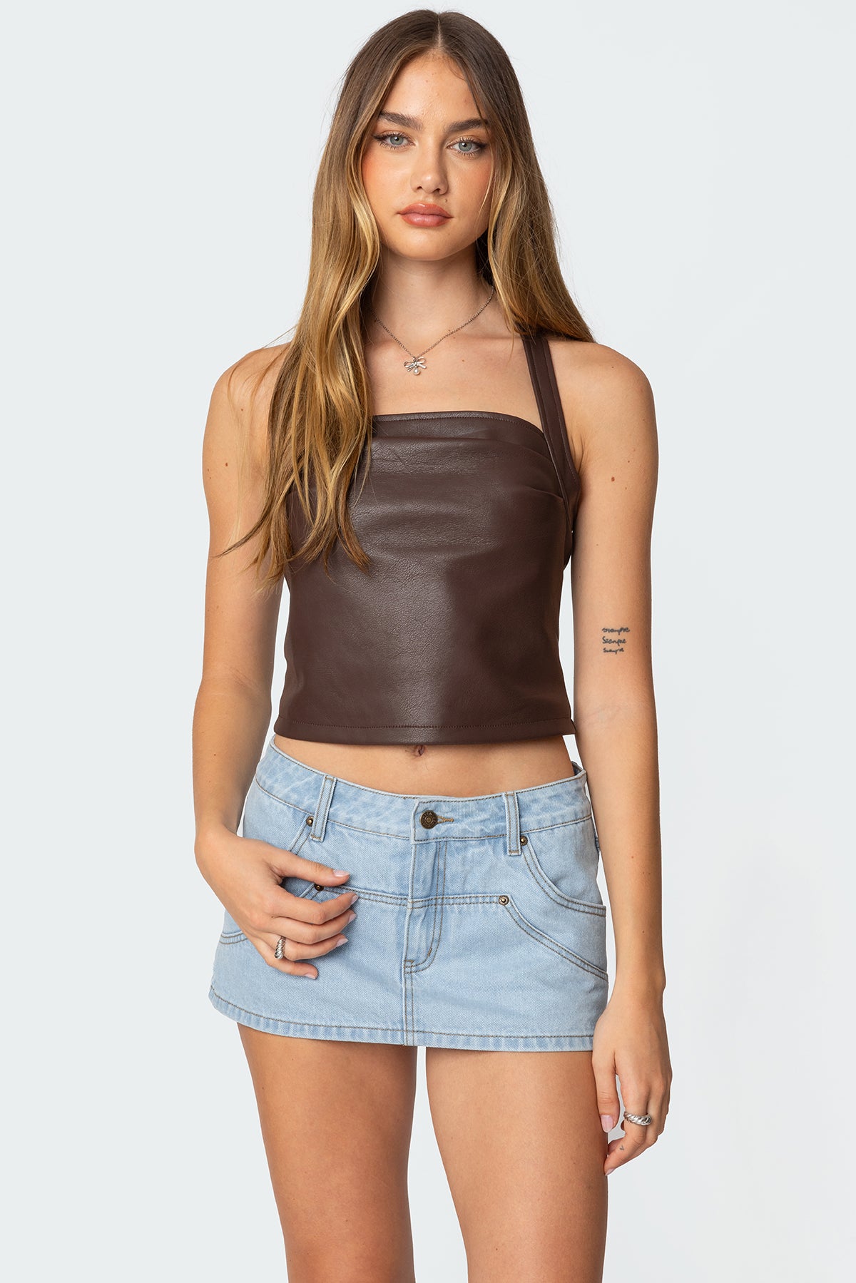 Draped Faux Leather Halter Top-Milans Time
