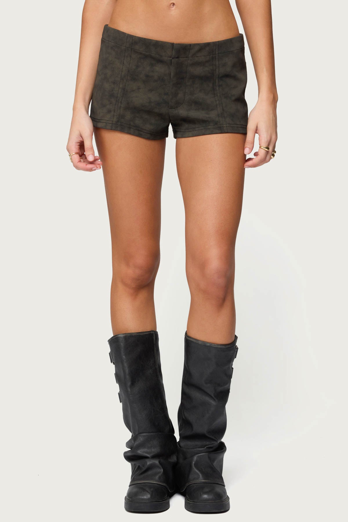 Taia Distressed Faux Leather Micro Shorts-Milans Time
