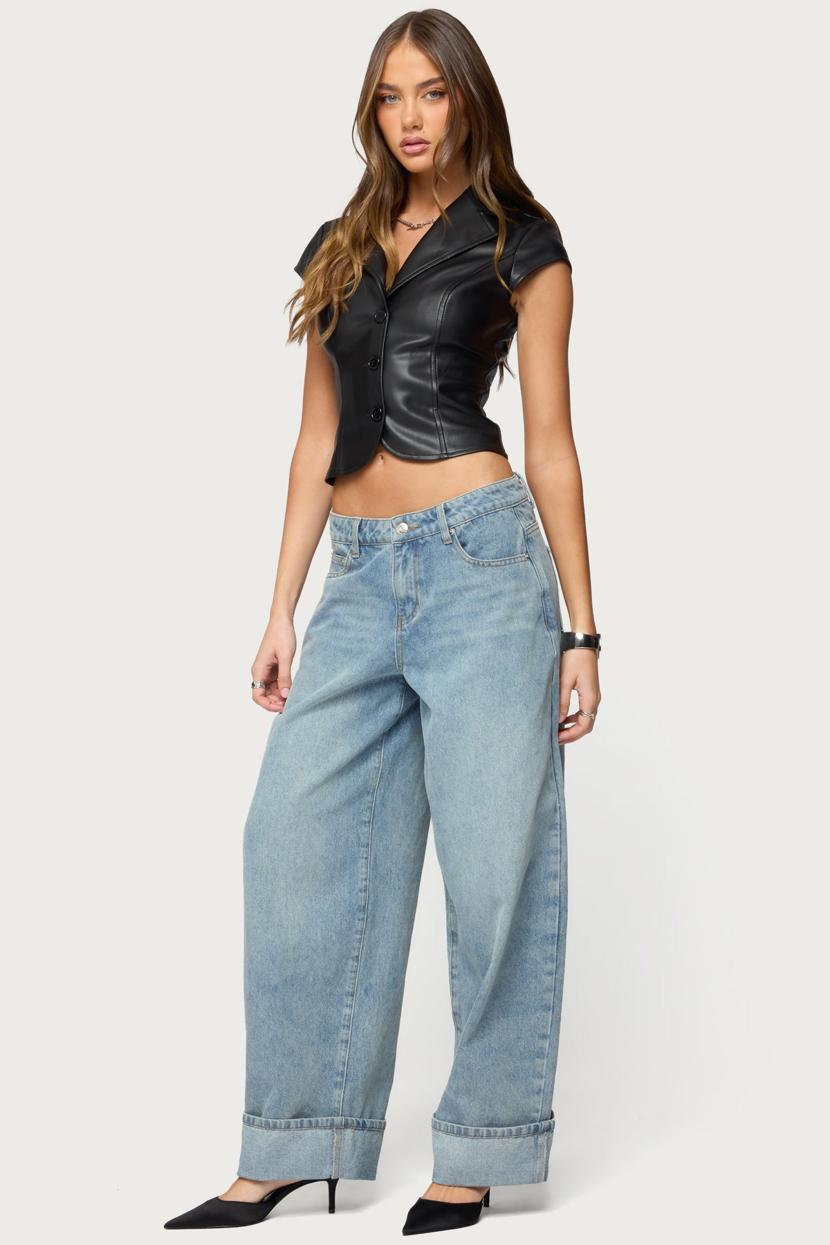 Faux Leather Tailored Button Up Top-Milans Time