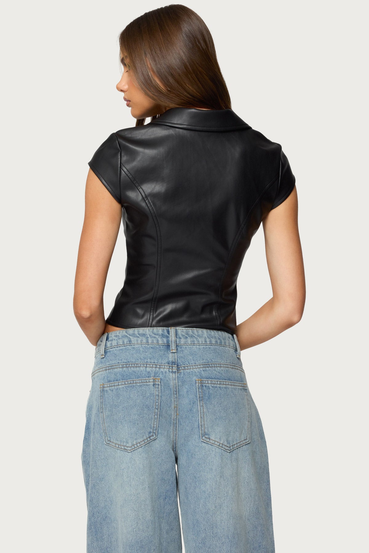Faux Leather Tailored Button Up Top-Milans Time