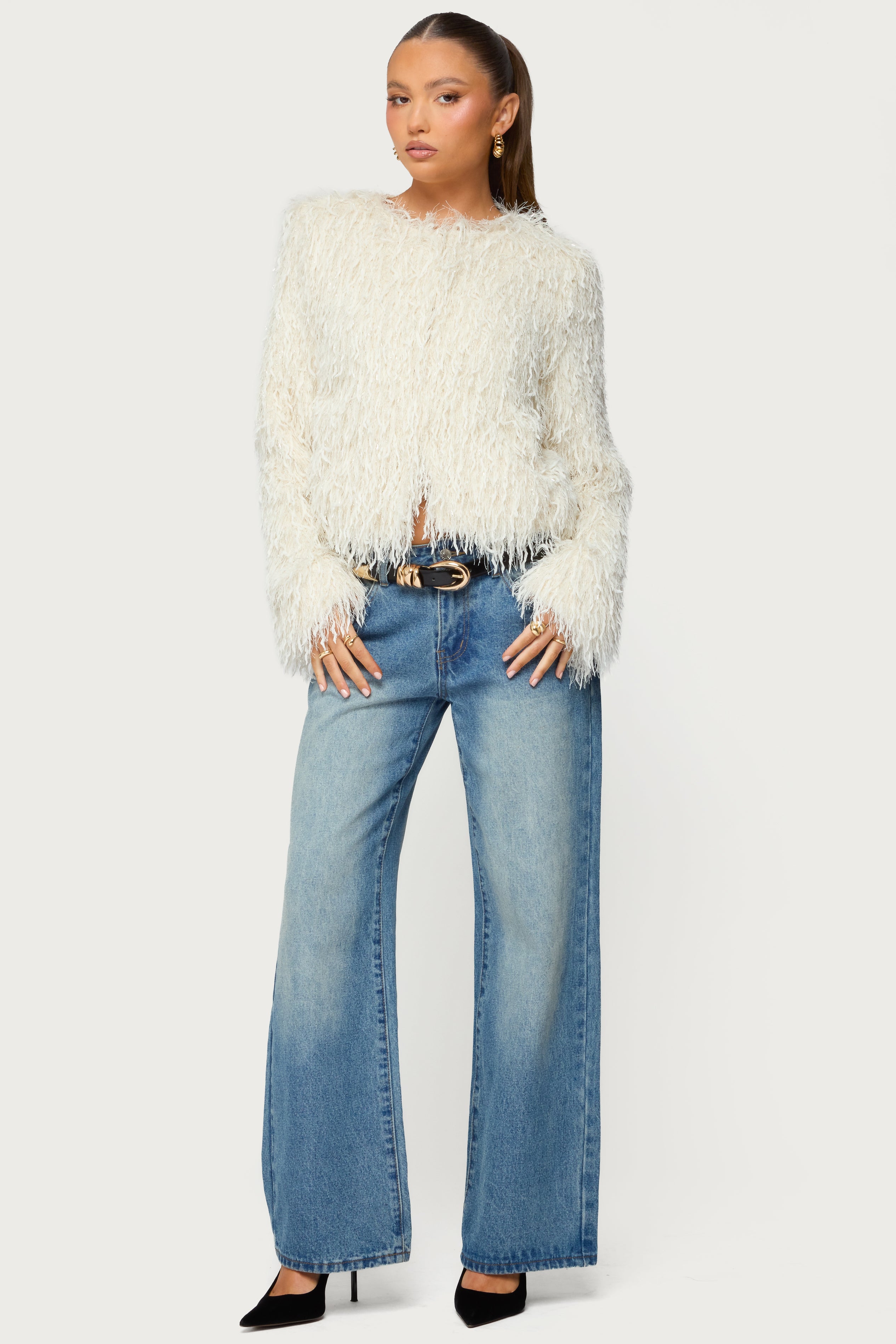 Aleandra Fringed Faux Feather Jacket-Milans Time