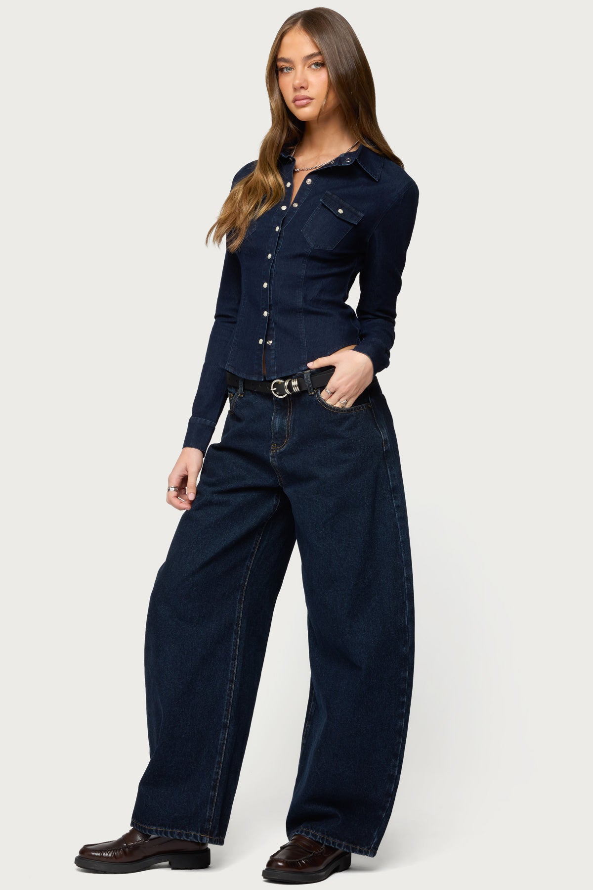 Shylo Stretchy Denim Button Up Shirt-Milans Time