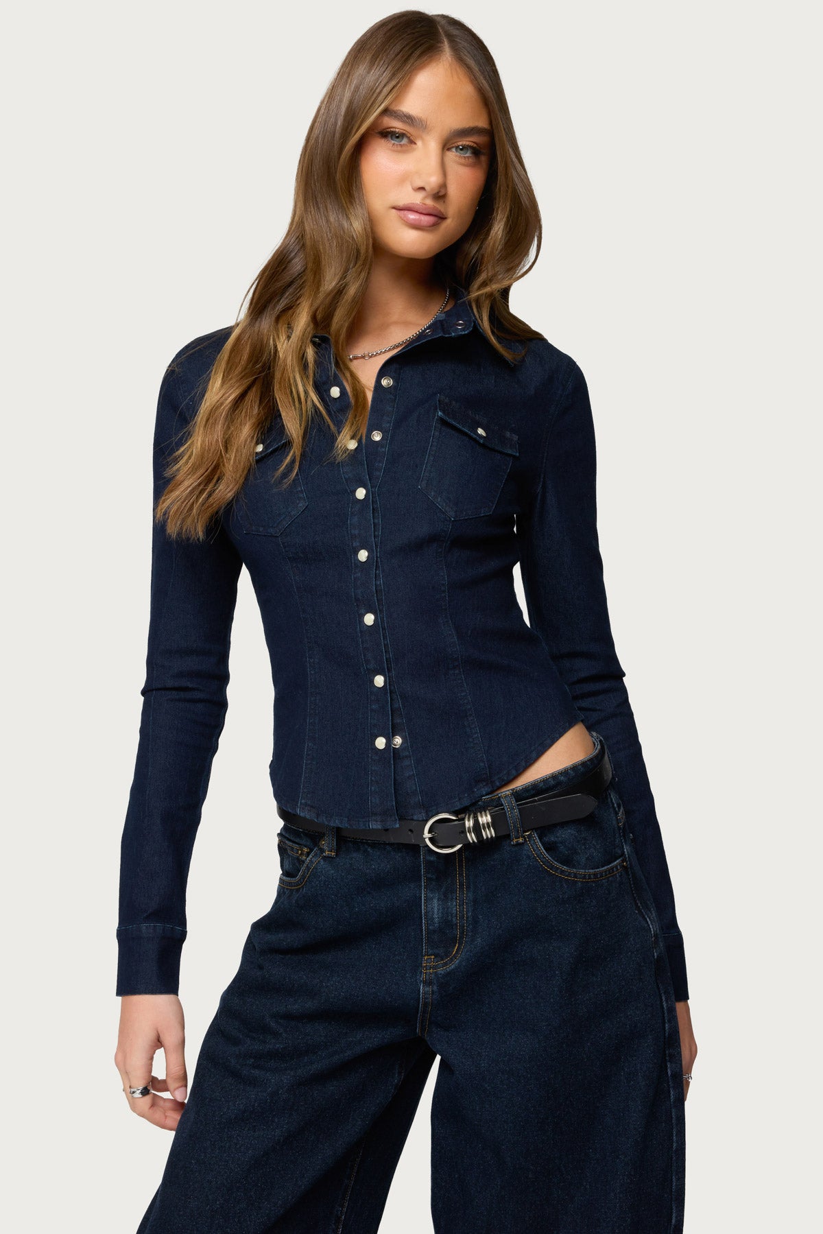 Shylo Stretchy Denim Button Up Shirt-Milans Time