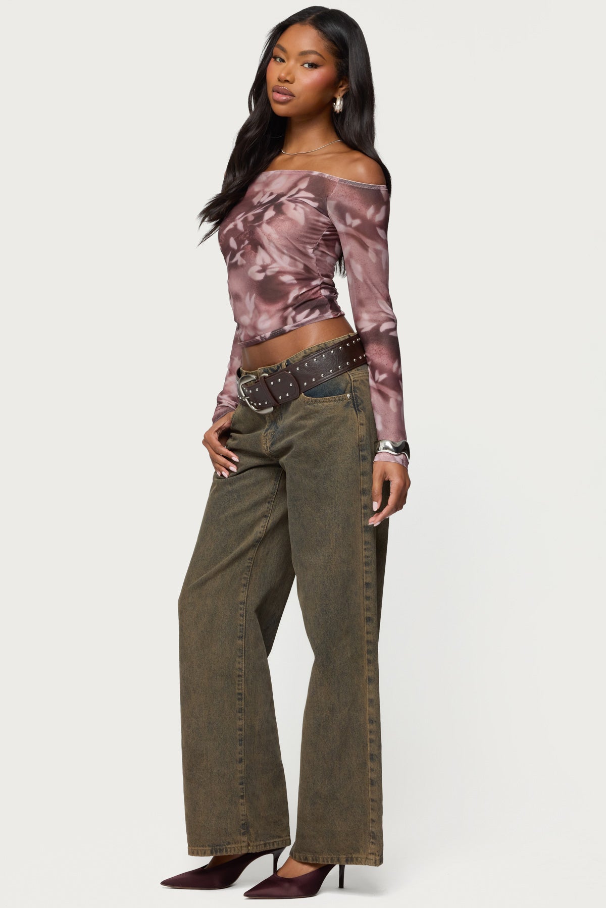 Off Shoulder Printed Sheer Mesh Top-Milans Time