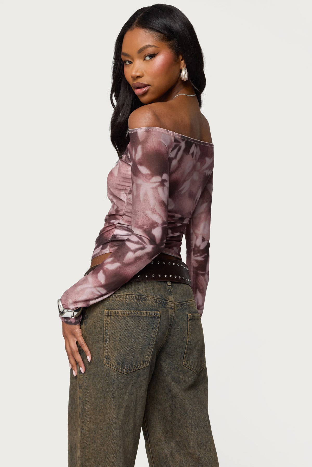 Off Shoulder Printed Sheer Mesh Top-Milans Time