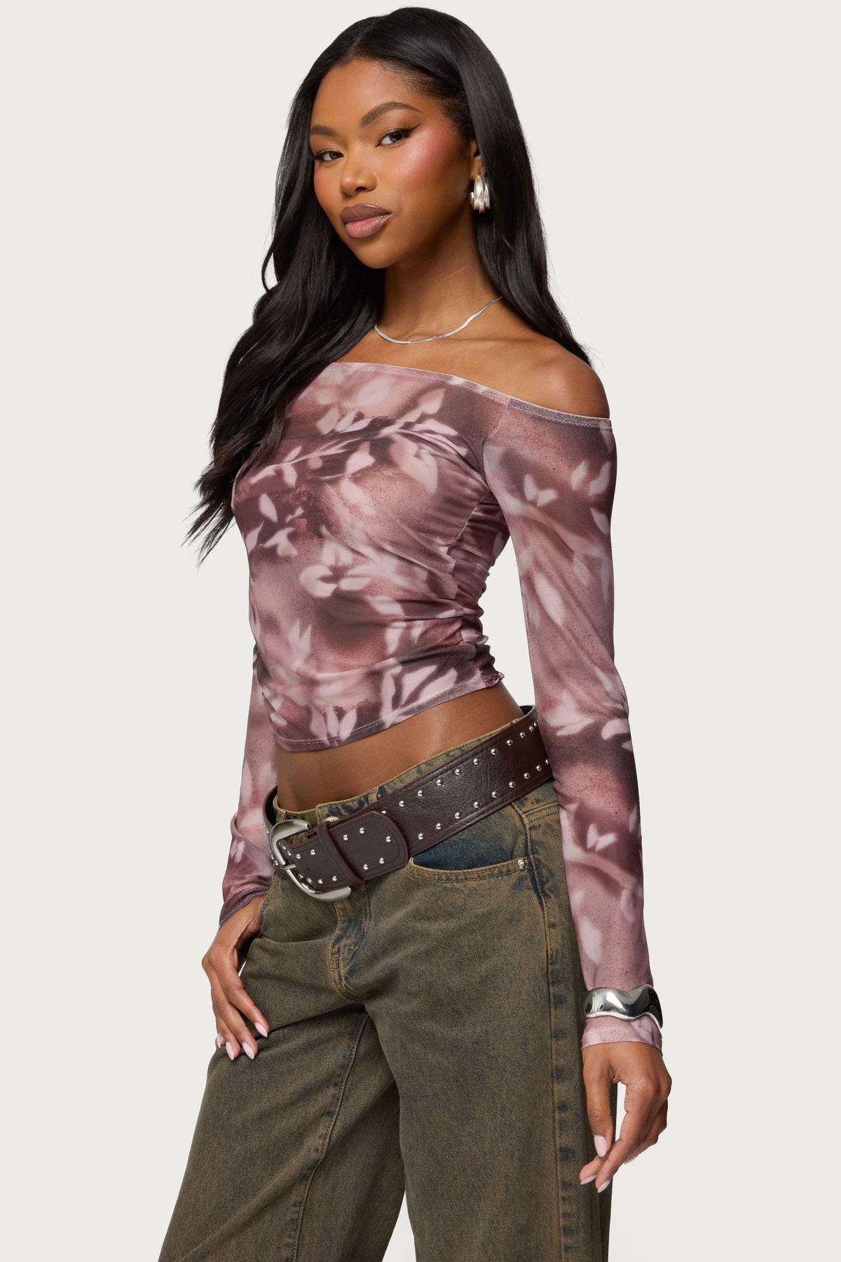 Off Shoulder Printed Sheer Mesh Top-Milans Time