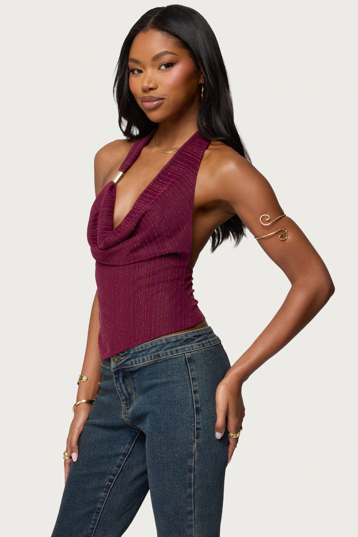 Mimi Asymmetric Textured Mesh Halter Top-Milans Time