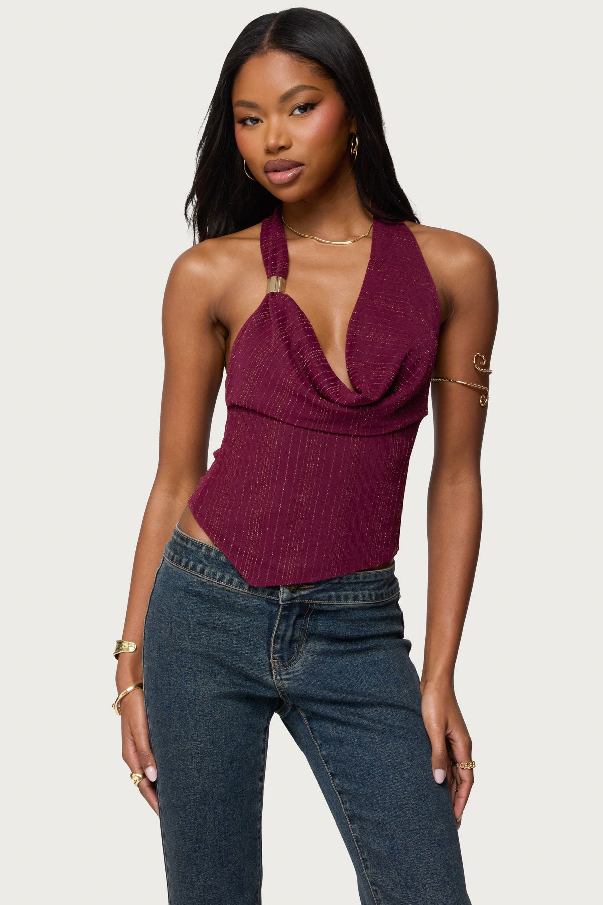Mimi Asymmetric Textured Mesh Halter Top-Milans Time