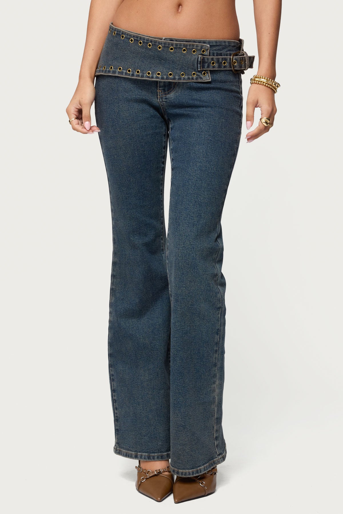 Asymmetric Grommet Belt Low Rise Flared Jeans-Milans Time