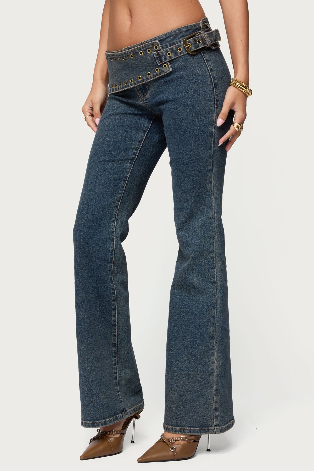 Asymmetric Grommet Belt Low Rise Flared Jeans-Milans Time