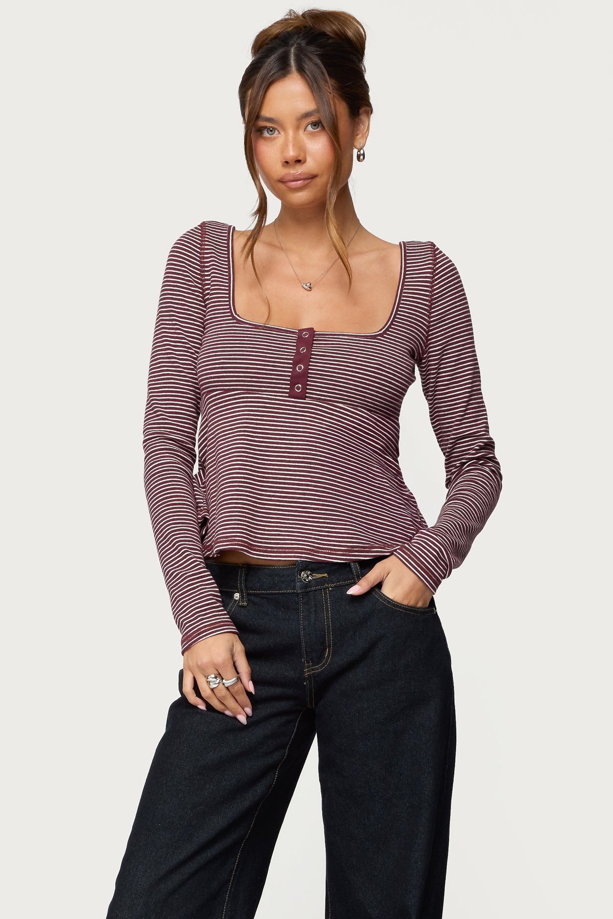 Sare Striped Babydoll Henley Top-Milans Time