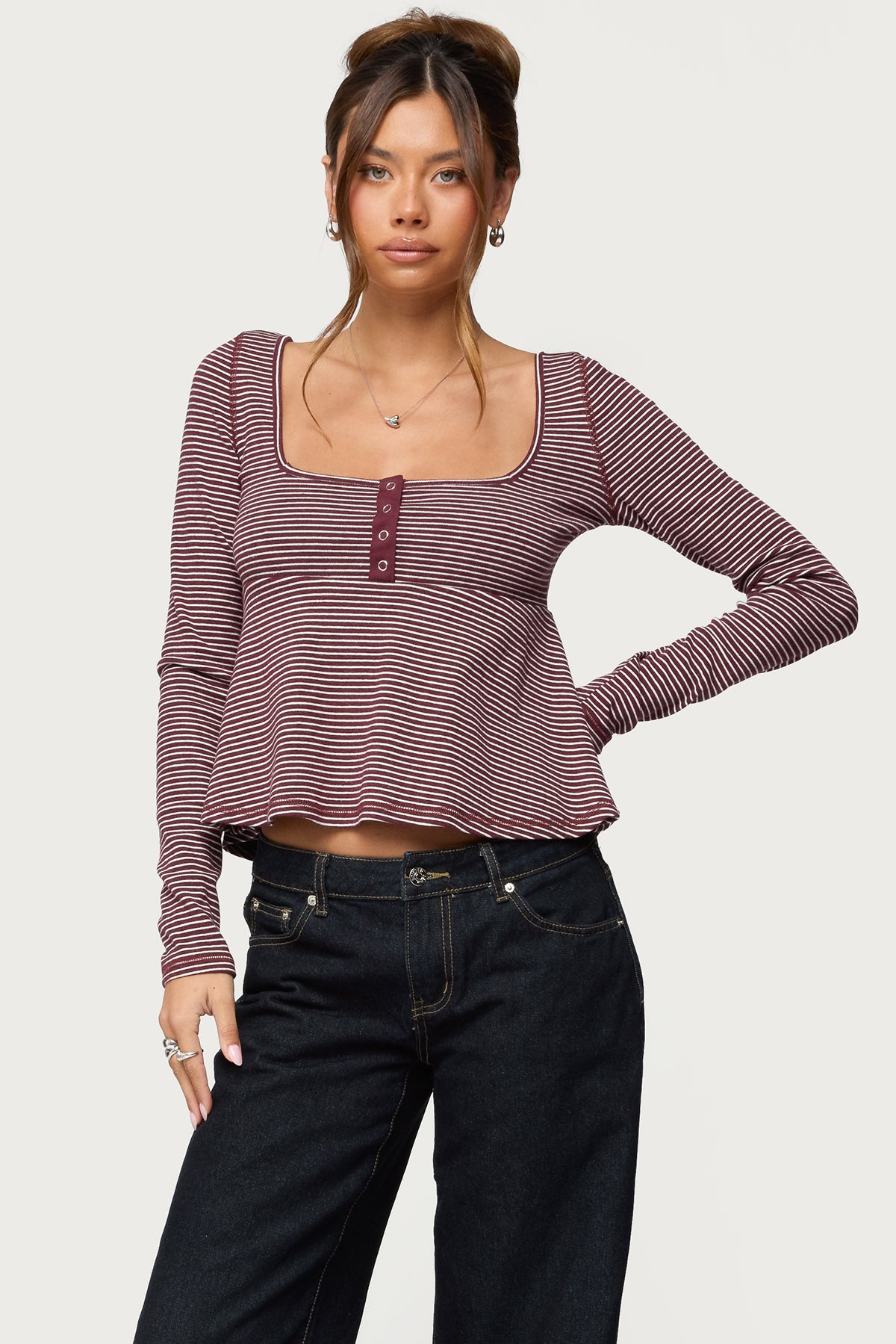 Sare Striped Babydoll Henley Top-Milans Time