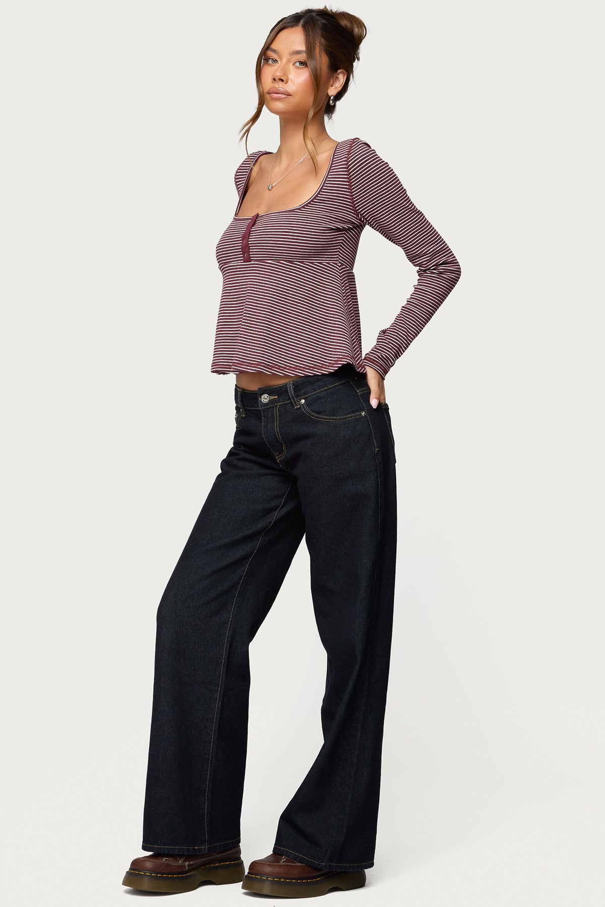 Sare Striped Babydoll Henley Top-Milans Time