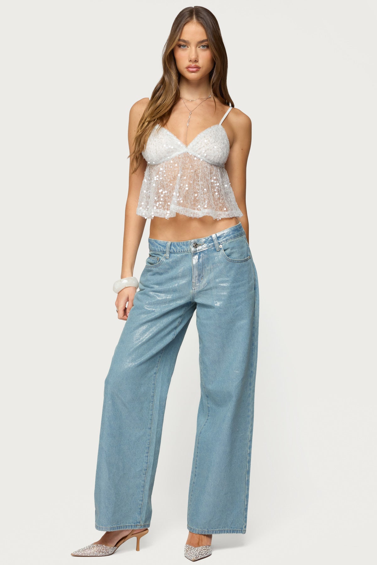 Sheer Sequin Babydoll Tank Top-Milans Time