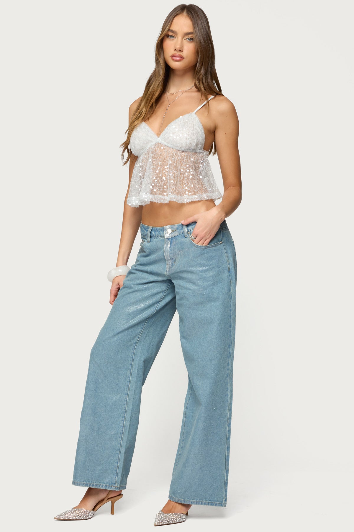 Sheer Sequin Babydoll Tank Top-Milans Time