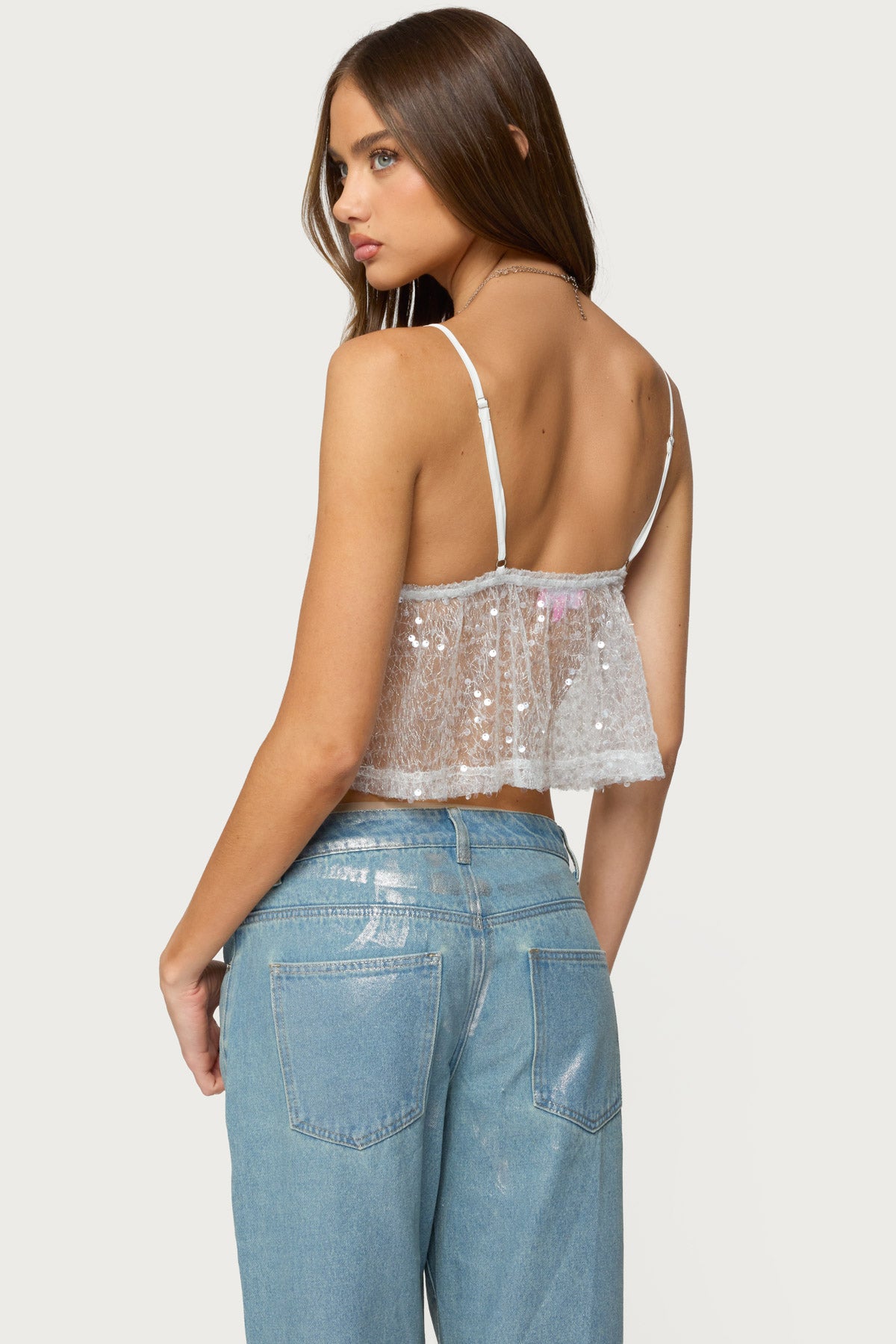 Sheer Sequin Babydoll Tank Top-Milans Time