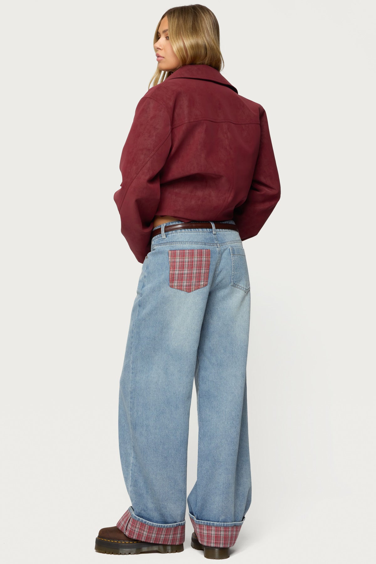 Plaid Cuffed Low Rise Baggy Jeans-Milans Time