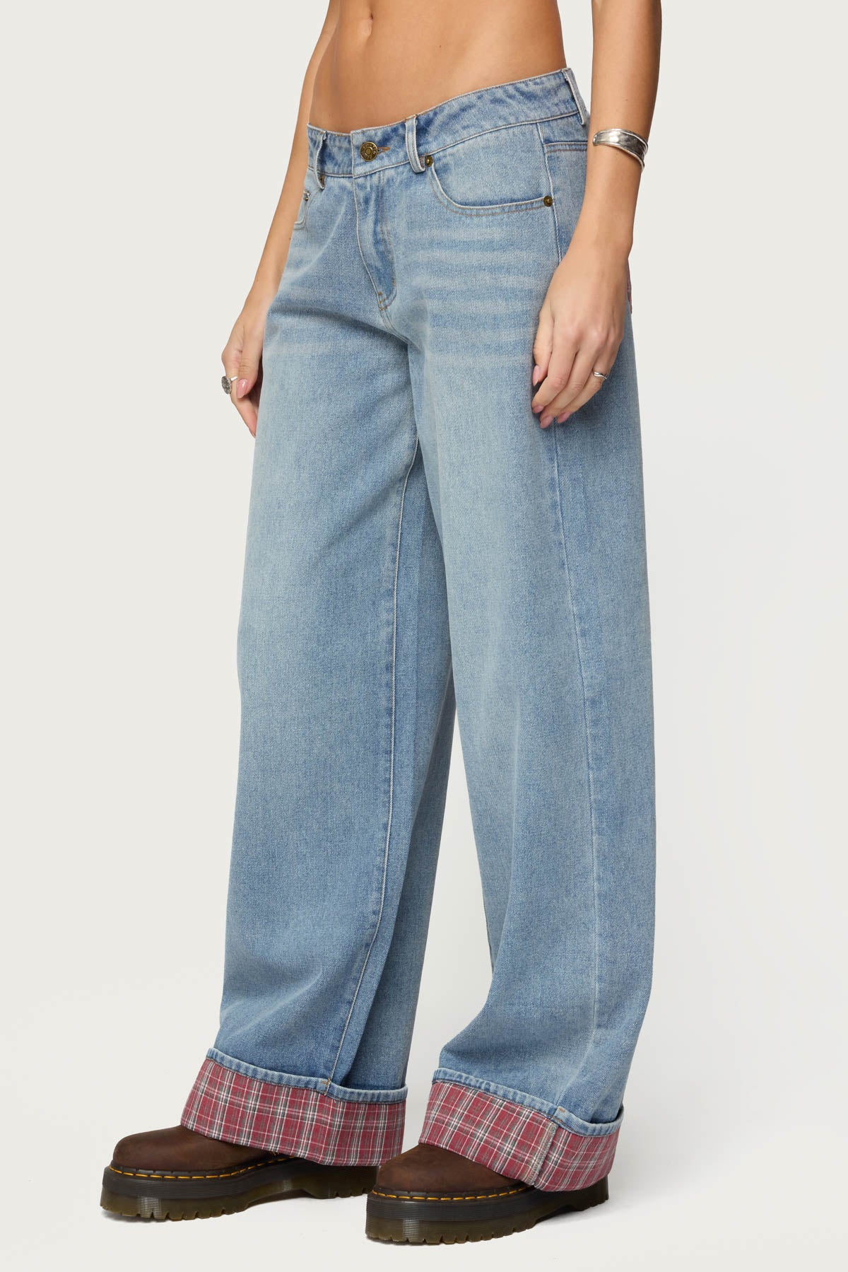 Plaid Cuffed Low Rise Baggy Jeans-Milans Time