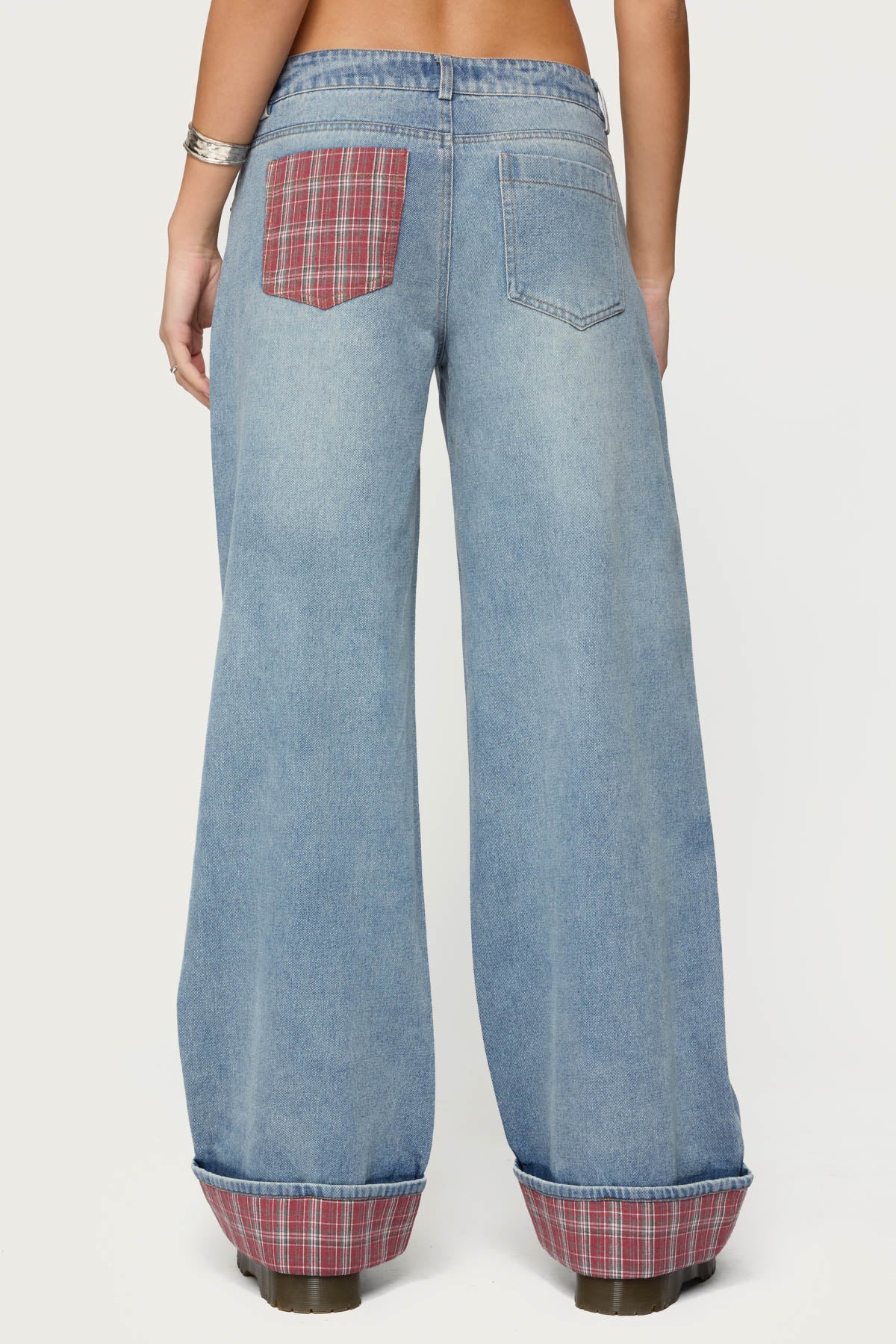 Plaid Cuffed Low Rise Baggy Jeans-Milans Time