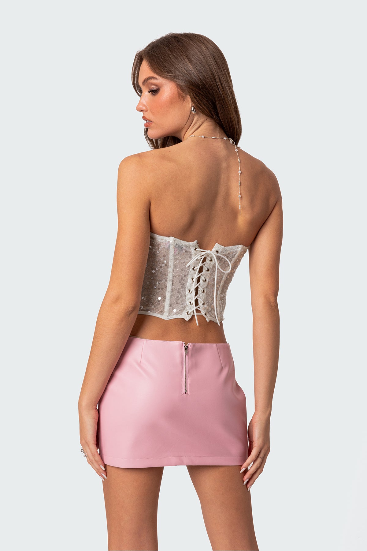Semi Sheer Sequin Lace Up Corset-Milans Time
