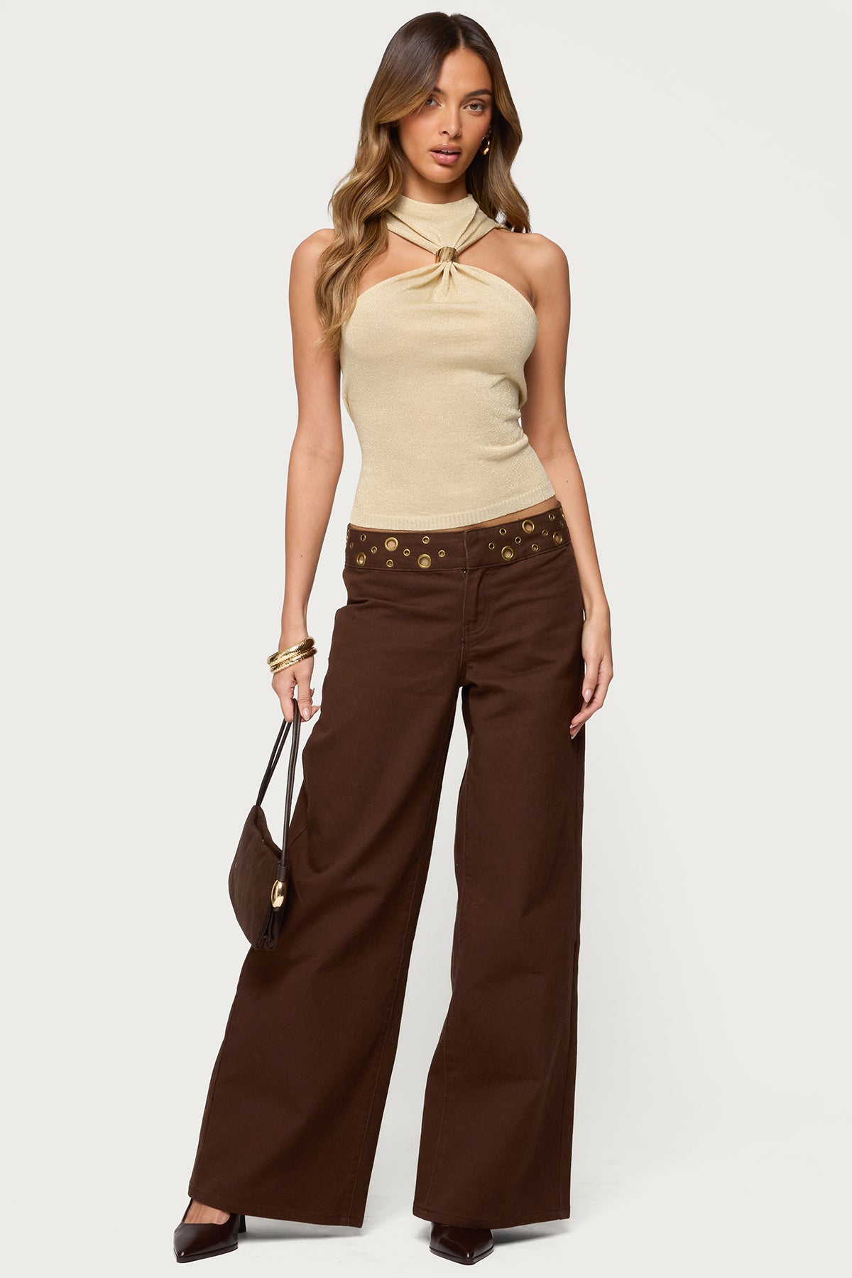 Mixed Grommet Low Rise Wide Leg Jeans-Milans Time