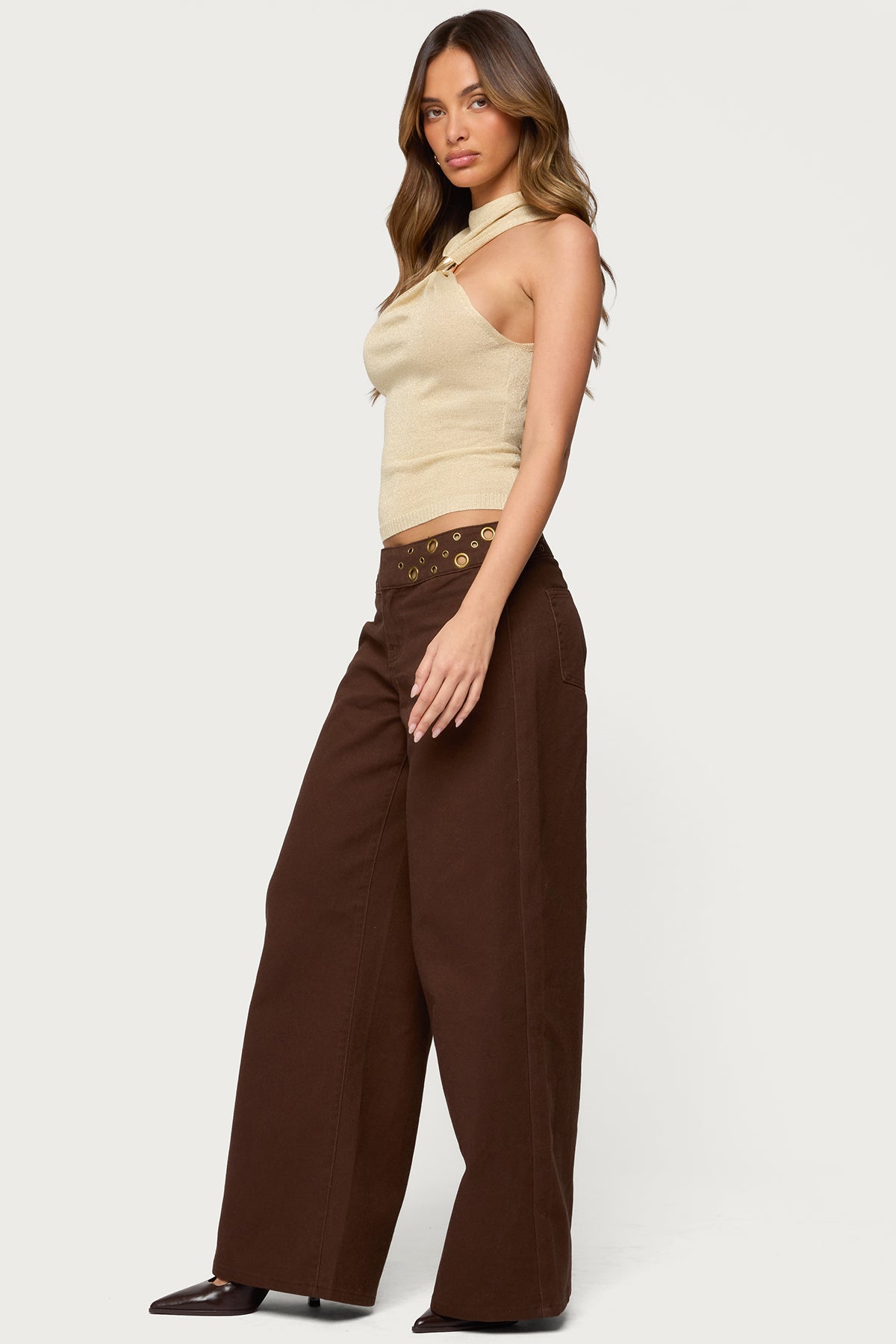 Mixed Grommet Low Rise Wide Leg Jeans-Milans Time
