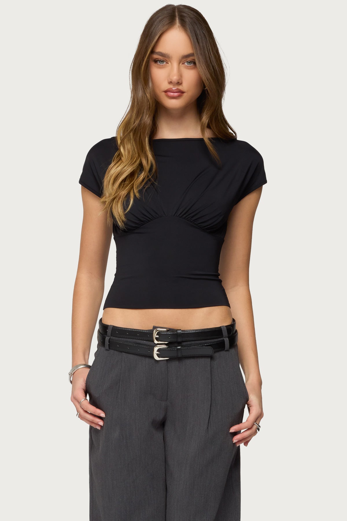 Leonah Ruched Boat Neck Top-Milans Time