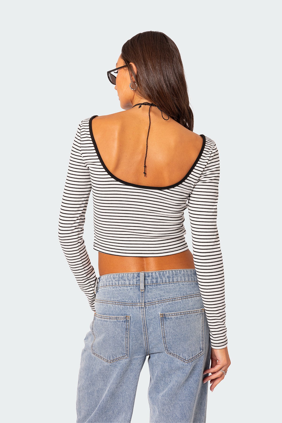 Striped Scoop Back Long Sleeve Top-Milans Time