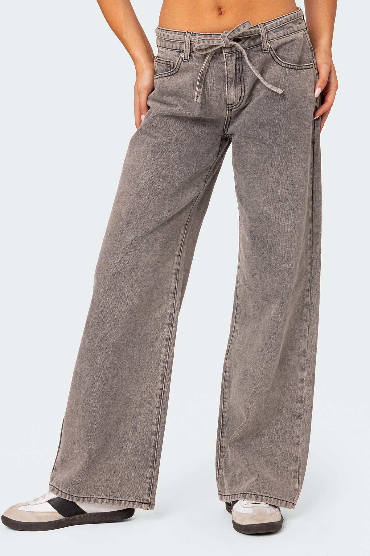 Tie Waist Washed Low Rise Baggy Jeans-Milans Time