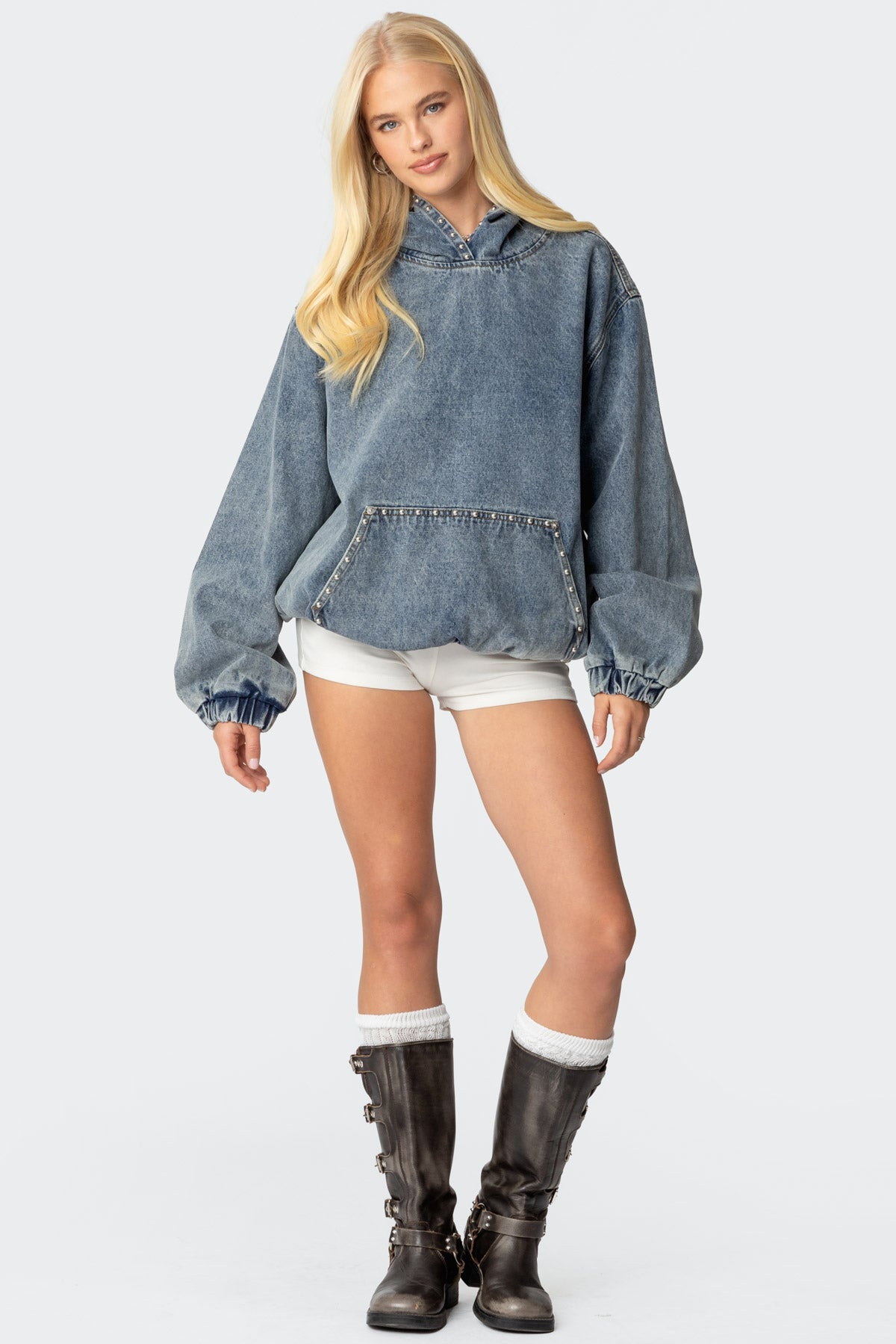 Marney Oversized Studded Denim Hoodie-Milans Time