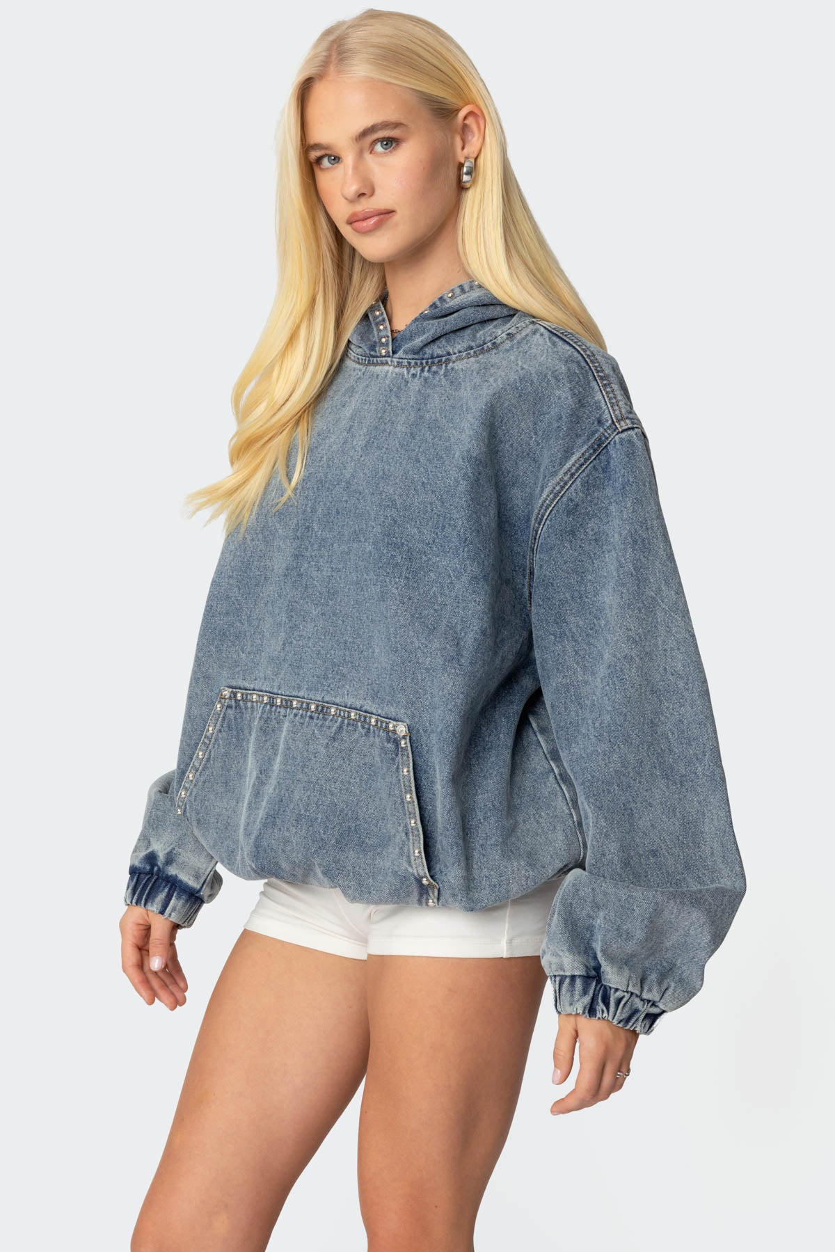 Marney Oversized Studded Denim Hoodie-Milans Time