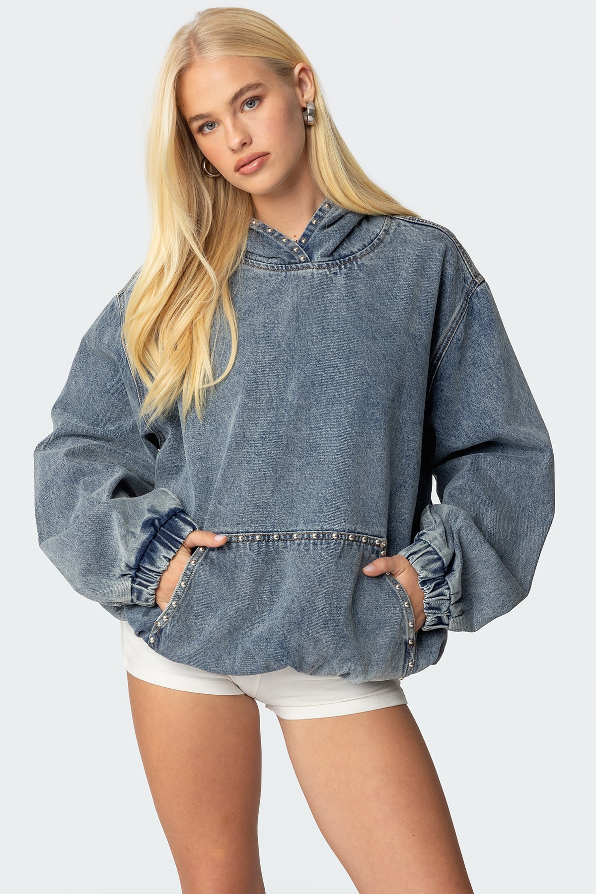 Marney Oversized Studded Denim Hoodie-Milans Time