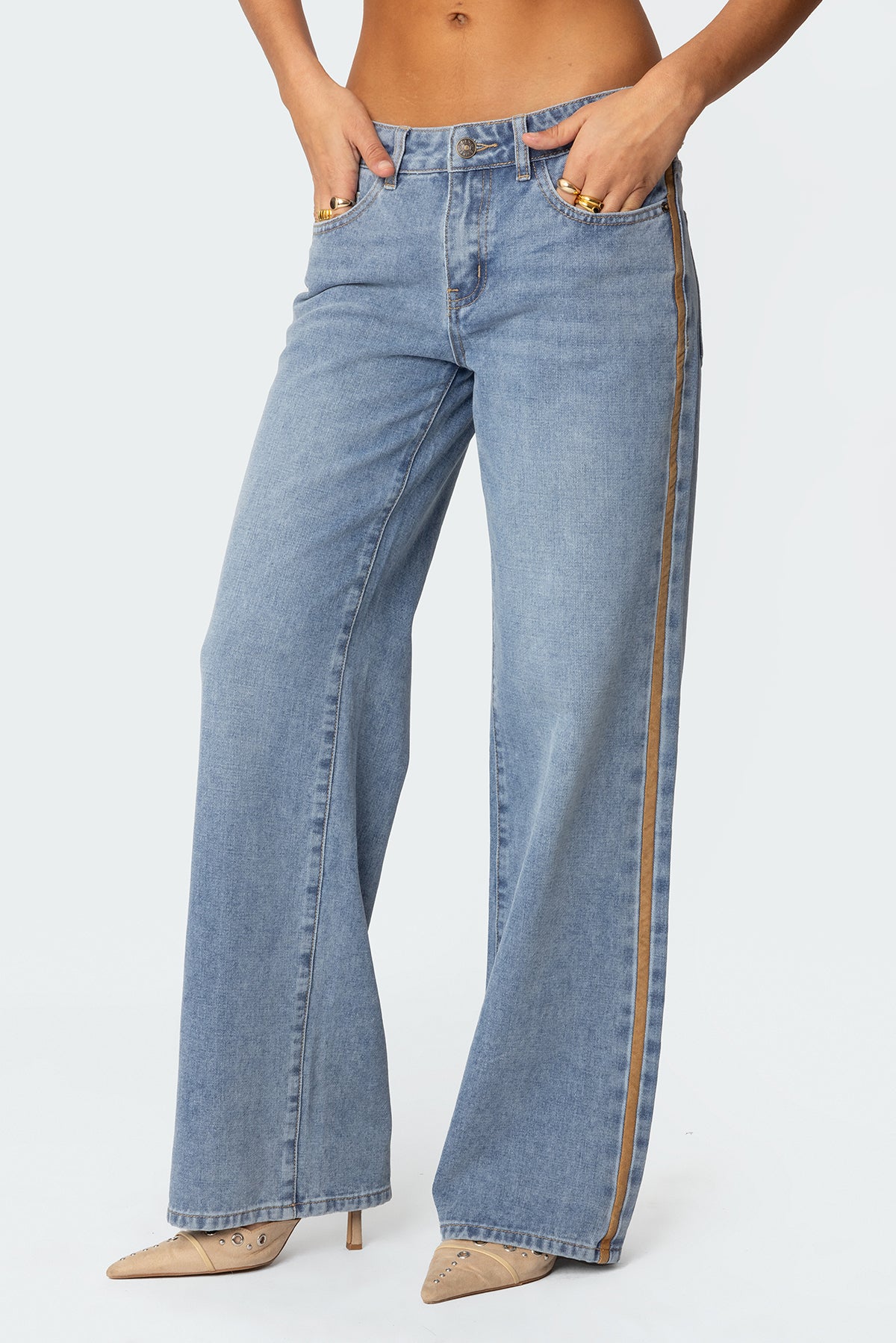 Faux Suede Stripe Low Rise Straight Leg Jeans-Milans Time