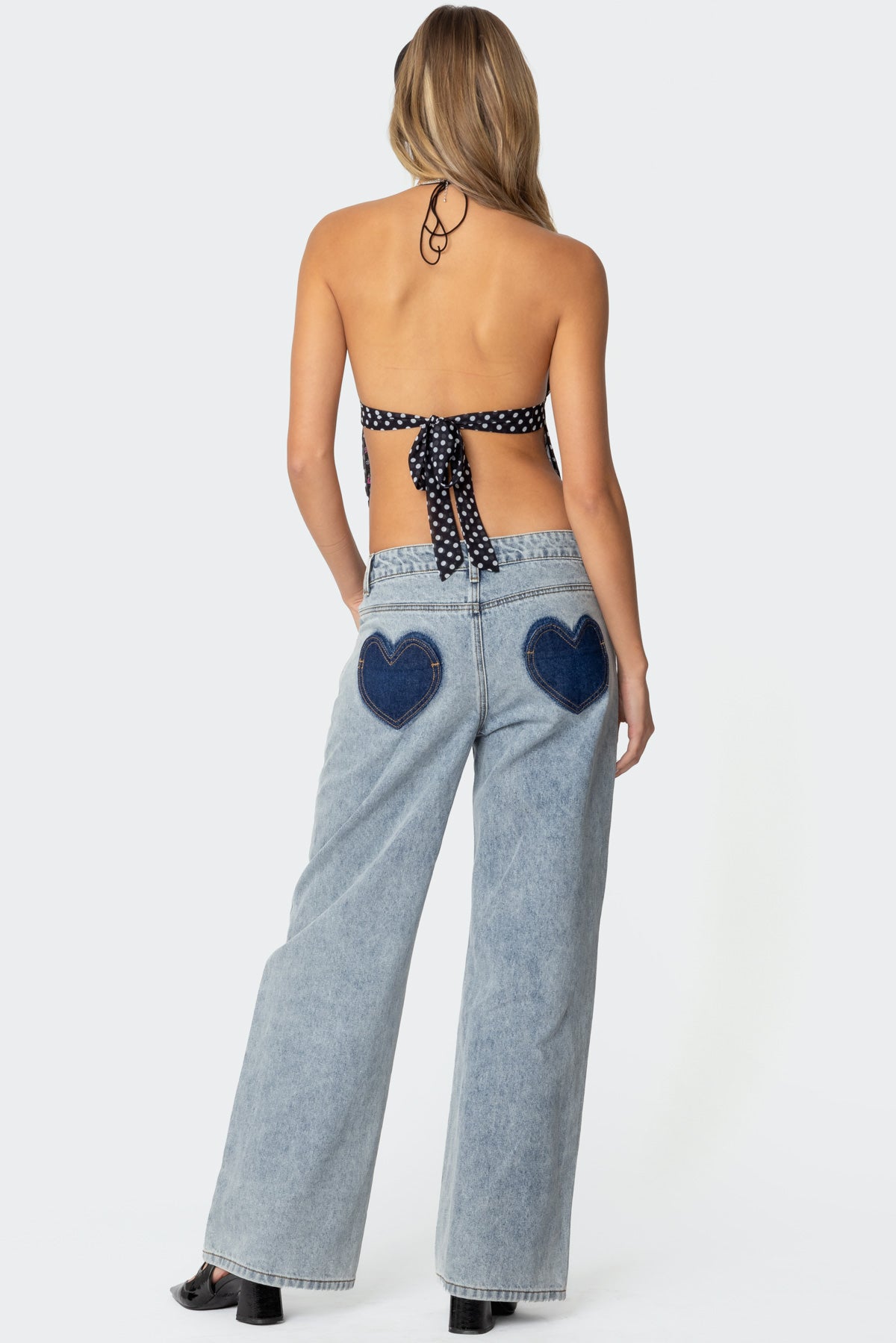 Contrast Heart Washed Low Rise Baggy Jeans-Milans Time