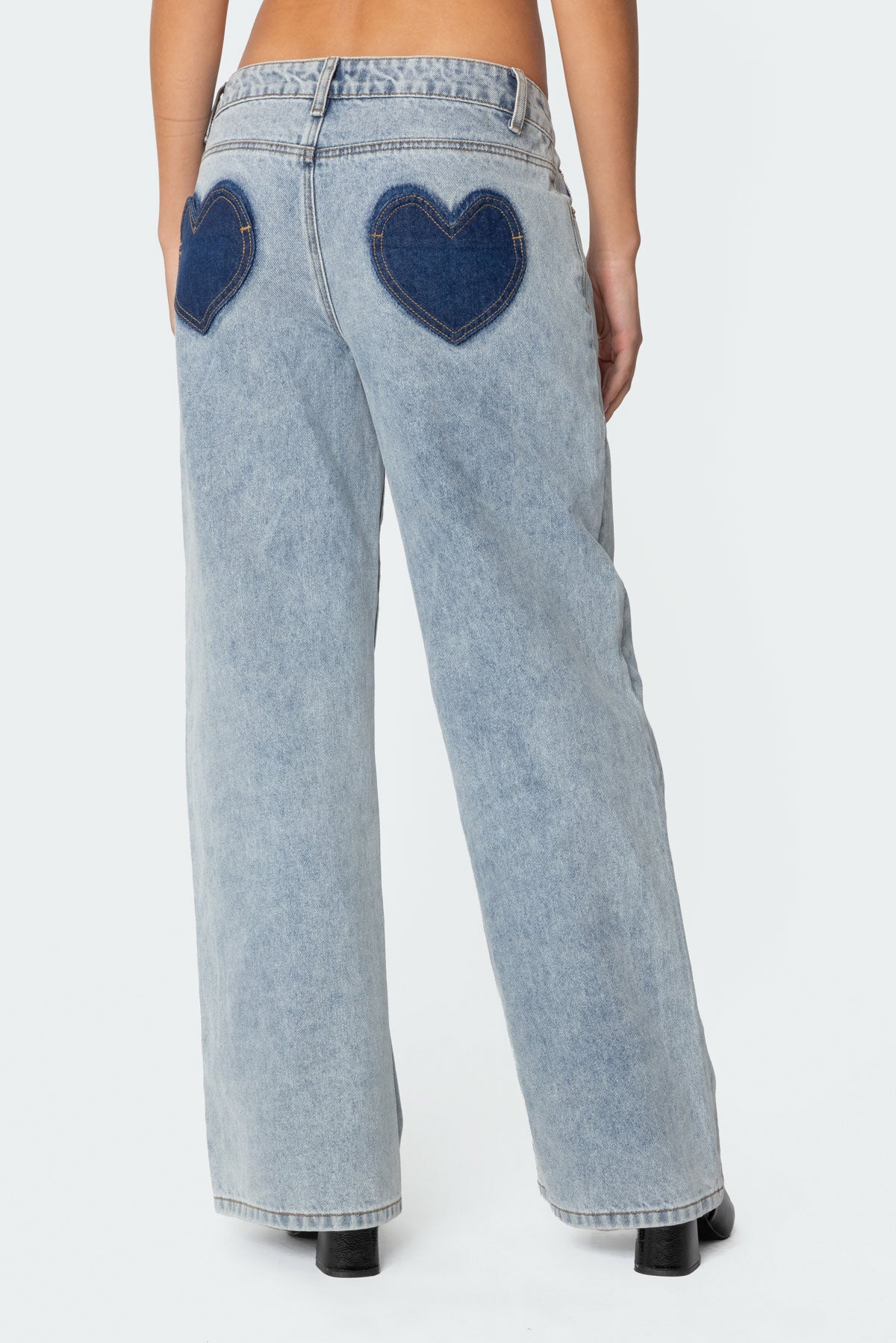 Contrast Heart Washed Low Rise Baggy Jeans-Milans Time