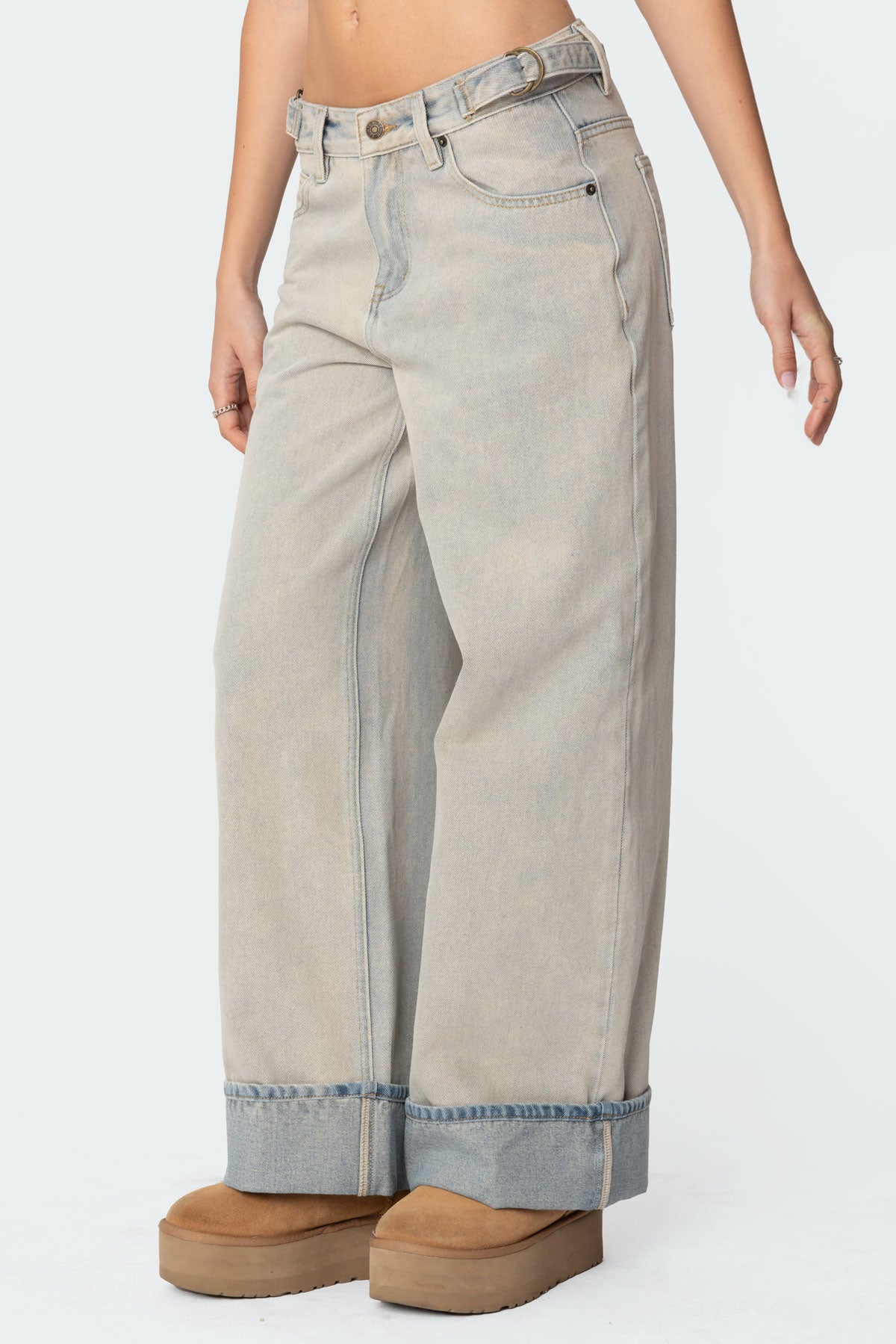 Double Belt Washed Low Rise Baggy Jeans-Milans Time