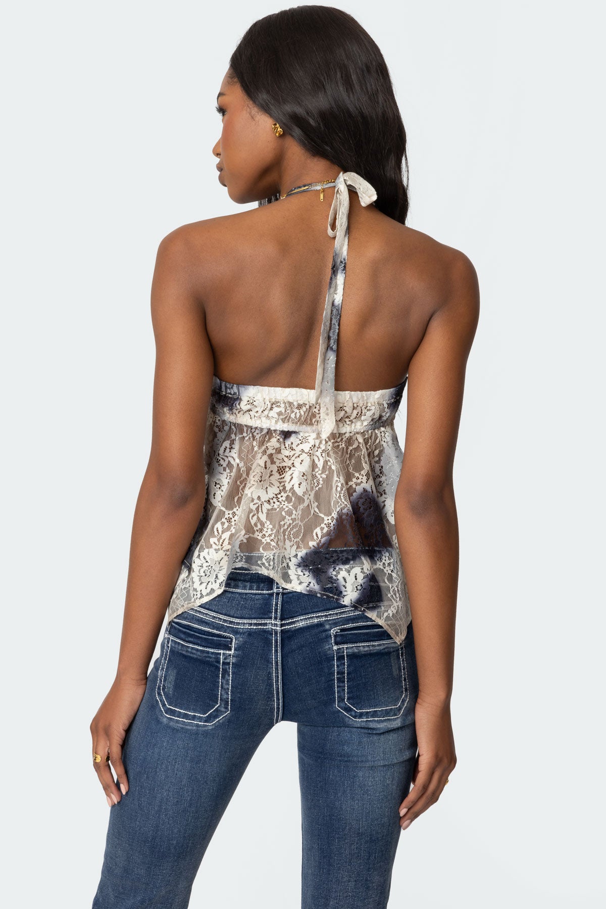 Asymmetric Printed Lace Halter Top-Milans Time