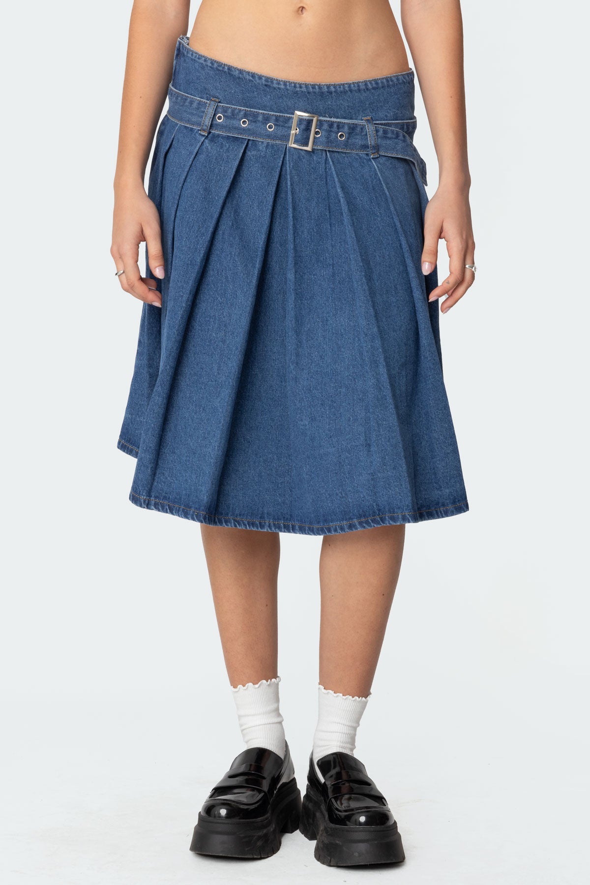 Belted Pleated Denim Midi Skirt-Milans Time