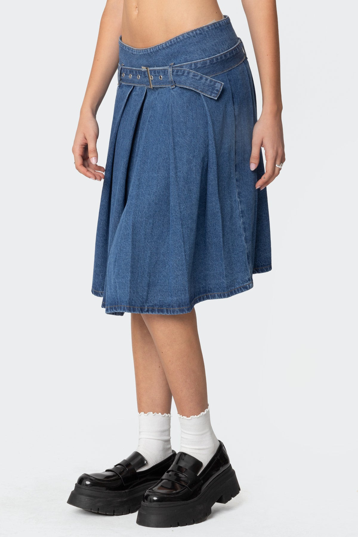 Belted Pleated Denim Midi Skirt-Milans Time