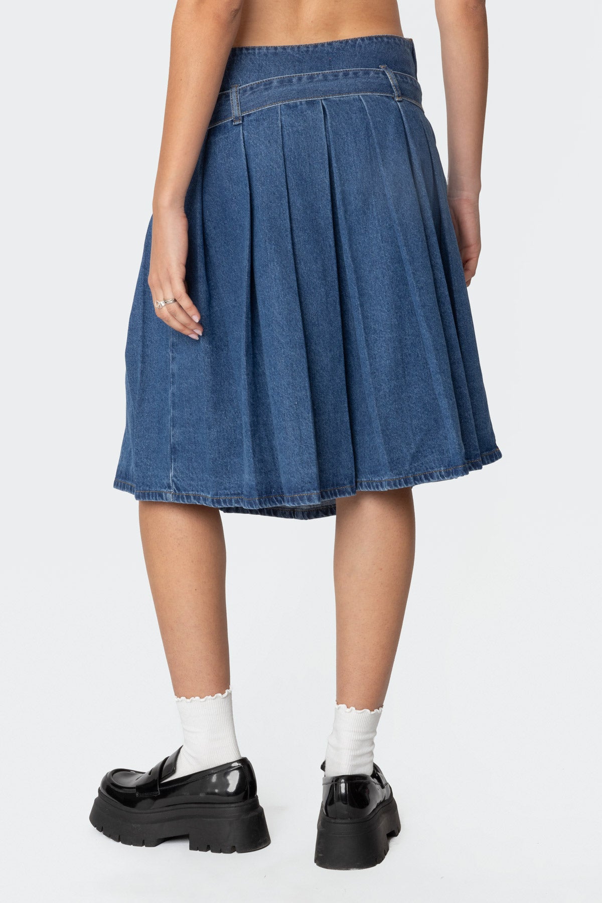 Belted Pleated Denim Midi Skirt-Milans Time