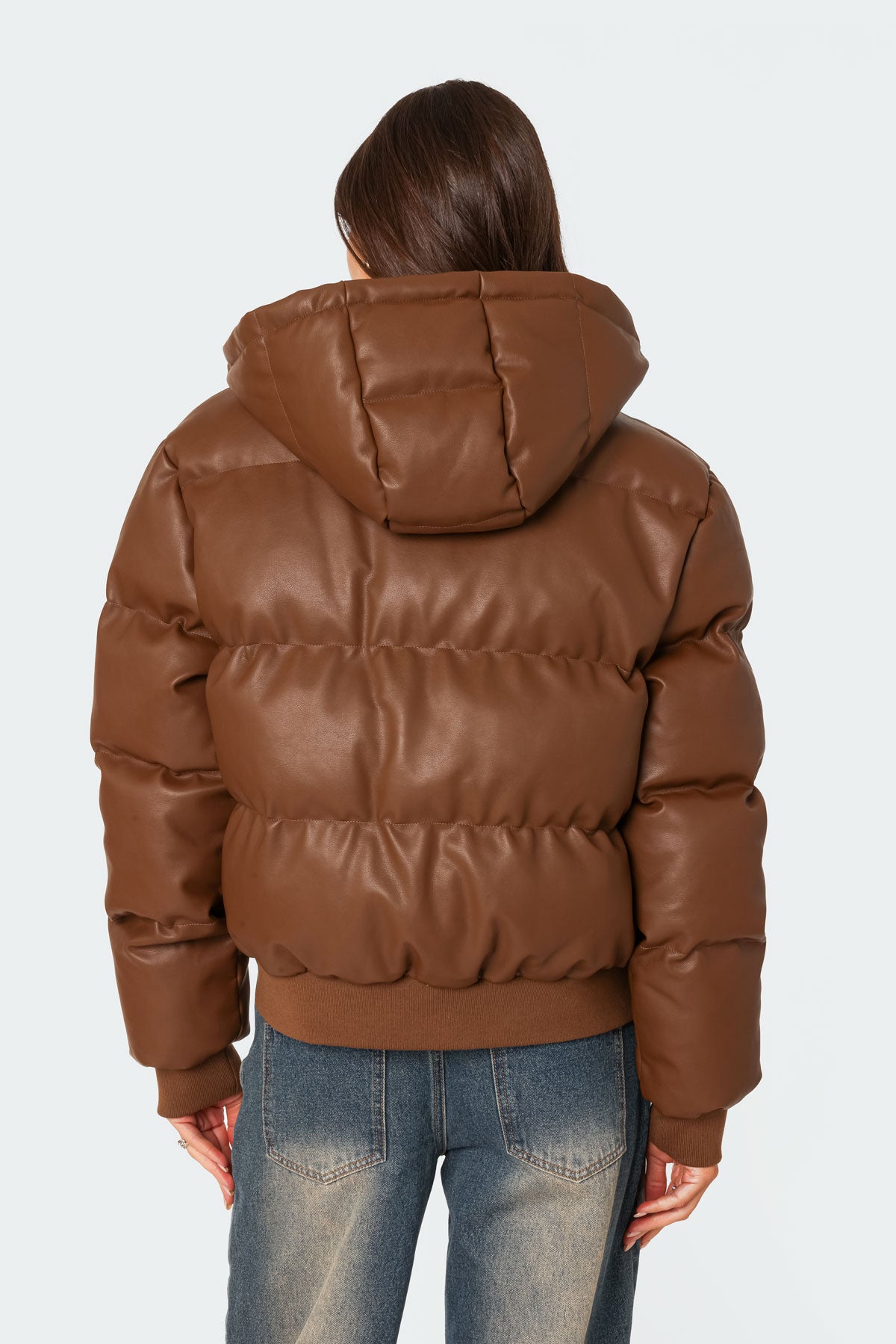 Wintry Faux Leather Hooded Puffer-Milans Time