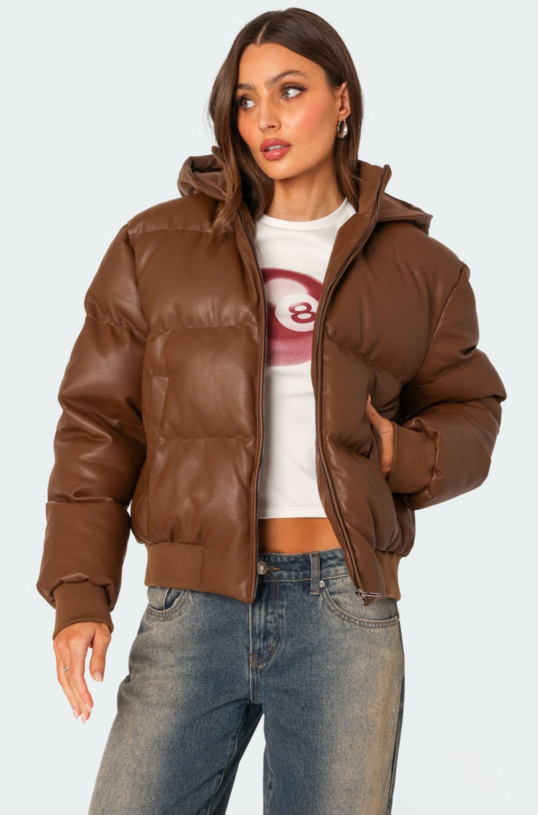 Wintry Faux Leather Hooded Puffer-Milans Time