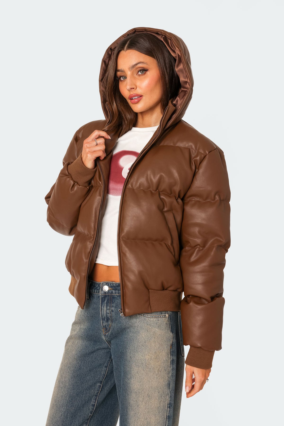 Wintry Faux Leather Hooded Puffer-Milans Time