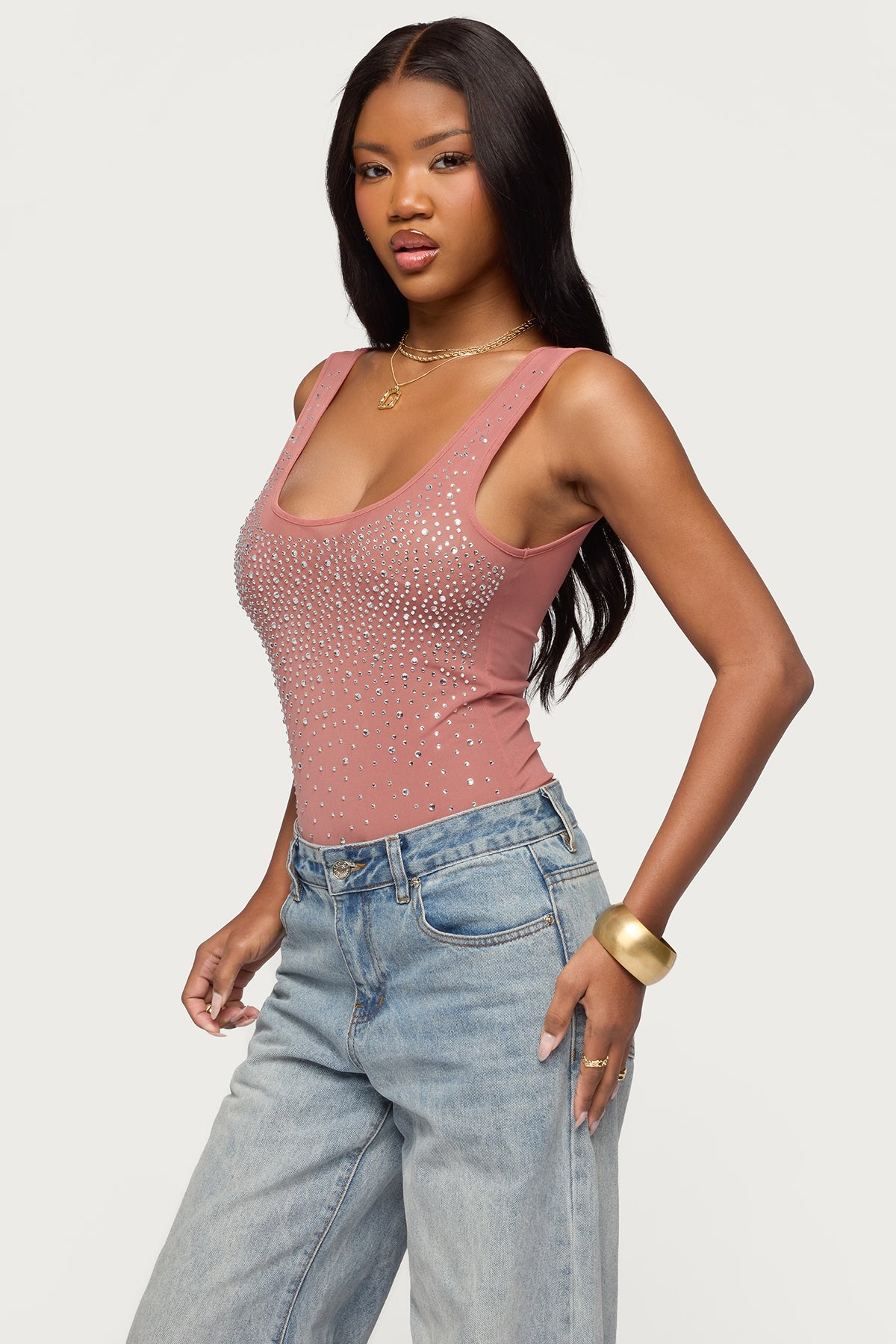 Angelita Rhinestone Sheer Mesh Bodysuit-Milans Time