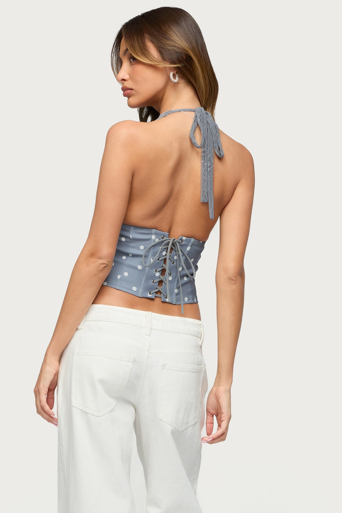 Lacey Polka Dot Lace Up Halter Top-Milans Time