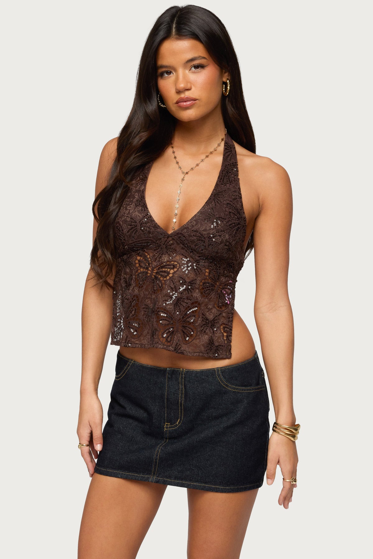 Butterfly Sequin Backless Halter Top-Milans Time